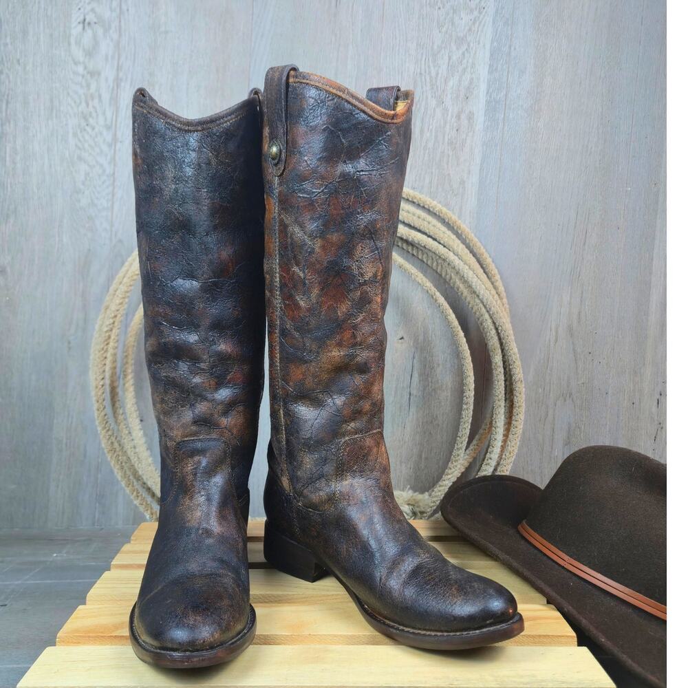 Frye Mallisa Tall Western Boot Unique Factory Distressed Crackle Glaze Brown 7.5
